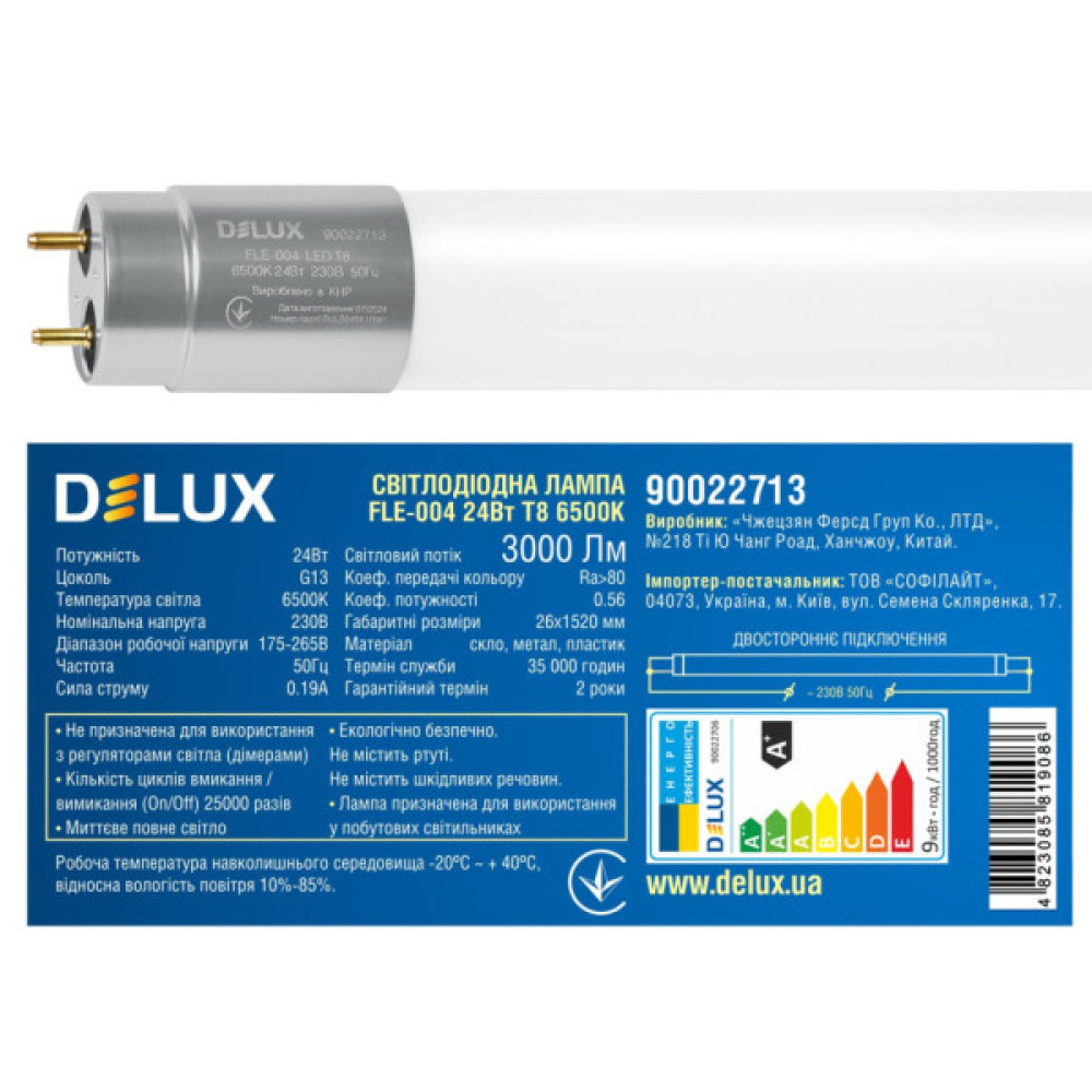Лампочка Delux FLE-004 24 Вт 1,5м T8 6500K 230В G13 скло (90022713)