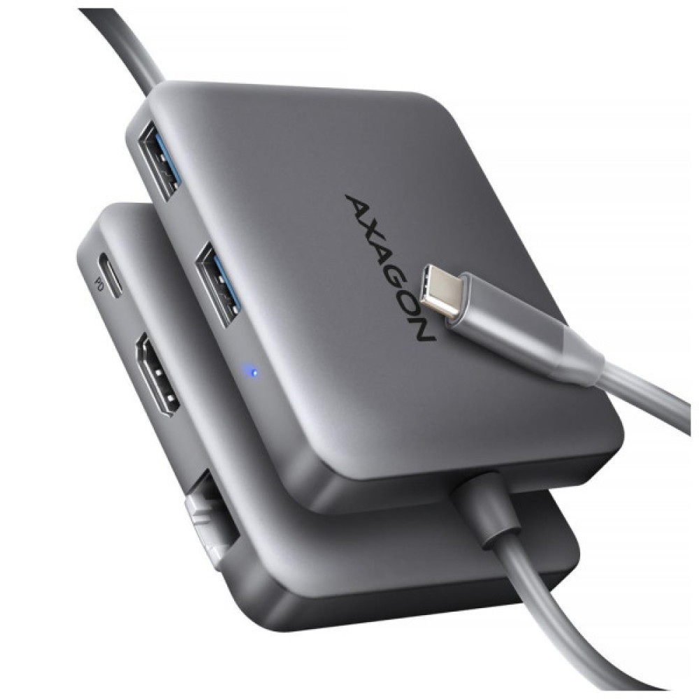 Концентратор AXAGON USB-C to 2xUSB-A + HDMI + RJ45 + PD 100W 0.2m grey (HMC-5HL)