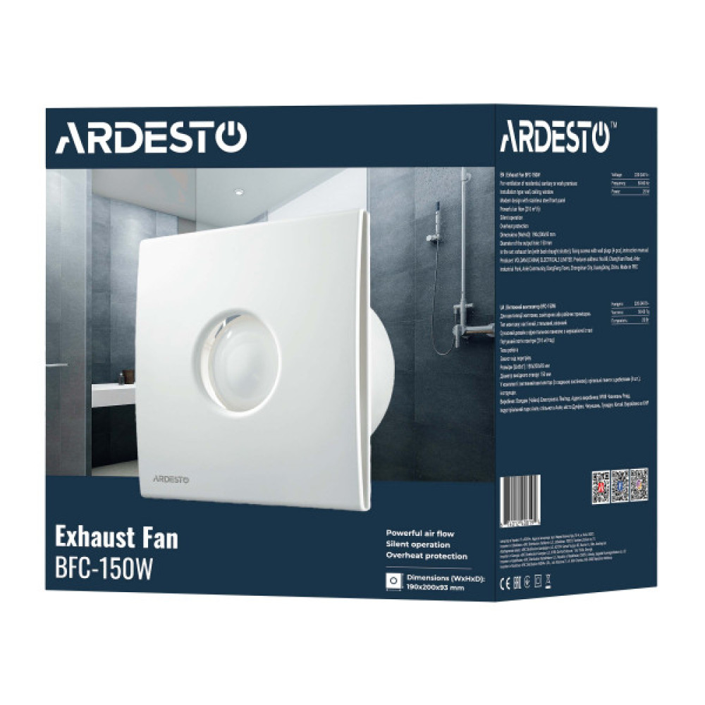 Витяжний вентилятор ARDESTO 25 Вт, 210 м3/г, 1650 об./хв., 35 дБ, білий