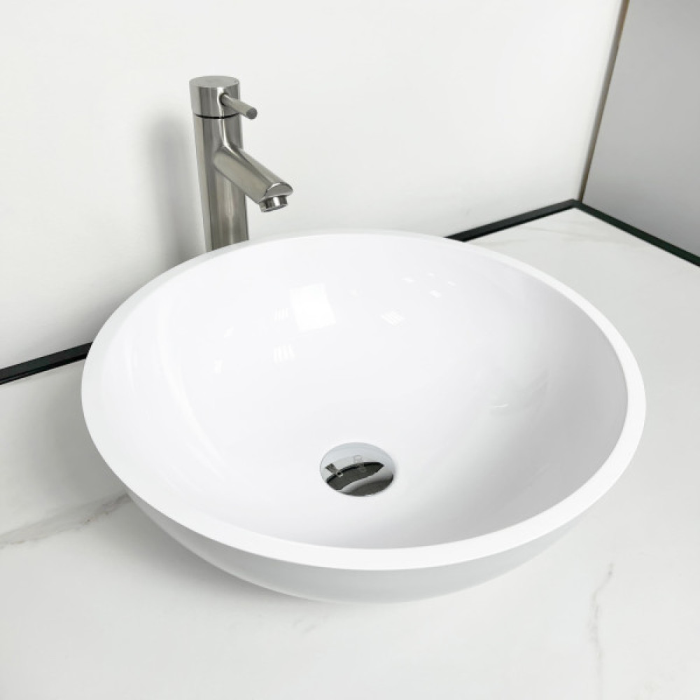 Раковина, умивальник Adamant KREIS, штучний камінь, кругла, без отвору для змішувача та переливу, 420х150мм, накладний, білий