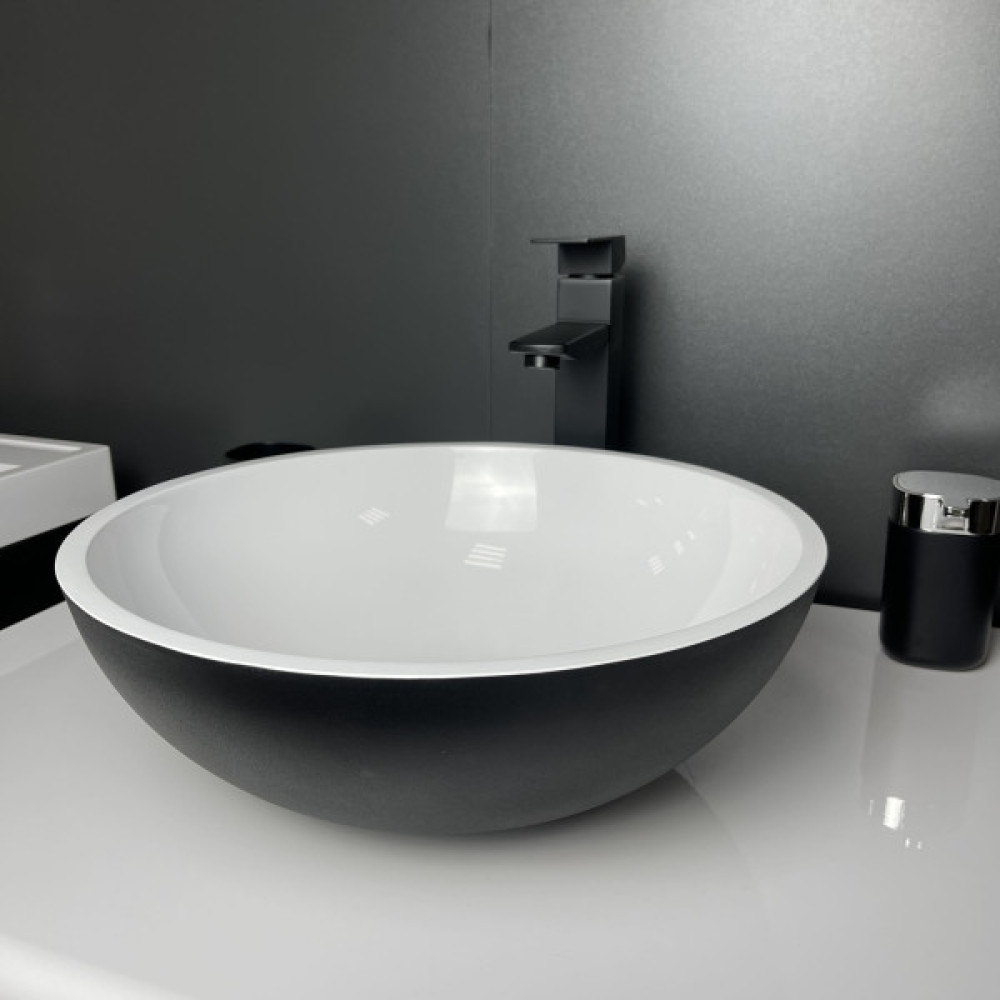 Раковина, умивальник Adamant KREIS, штучний камінь, кругла, без отвору для змішувача та переливу, 420х150мм, накладний, чорно-білий