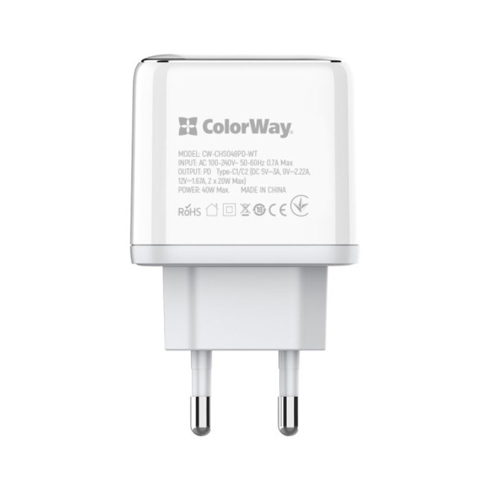 Зарядний пристрій ColorWay Power Delivery Port PPS USB (Type-C PD + Type-C PD) (40W) white (CW-CHS048PD-WT)