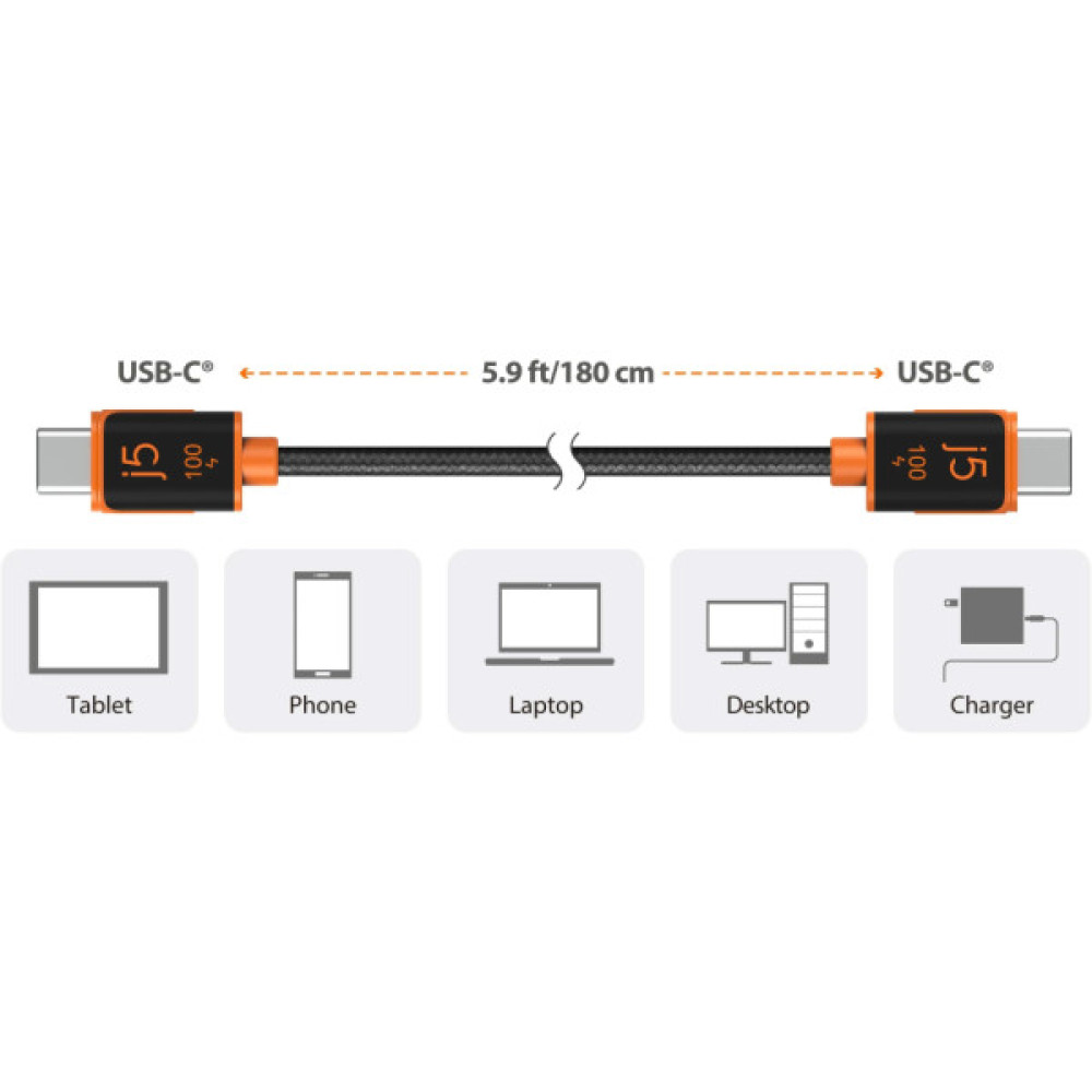 Дата кабель USB-C to USB-C 1.8m 100W (20V/5A) premium J5create (JUCX25L18-N)