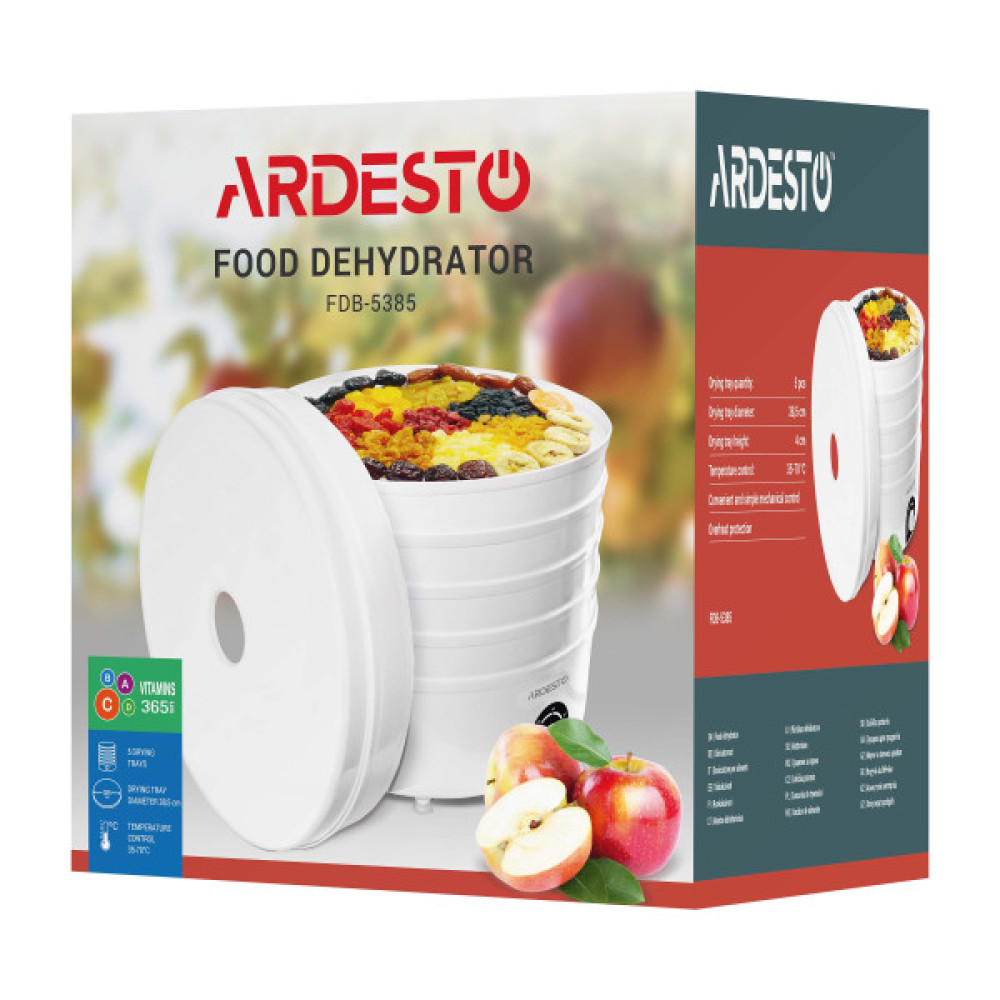 Сушарка для продуктів ARDESTO FDB-5385, 520Вт, піддонів -5x4см, діаметр-38,5см, макс-70°С, рег.темп, пластик , білий