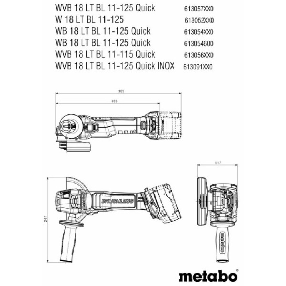 Шліфмашина кутова акумуляторна Metabo WVB 18 LT BL 11-125 125мм 18В 2800-10000об/хв 1.8кг без АКБ та ЗП