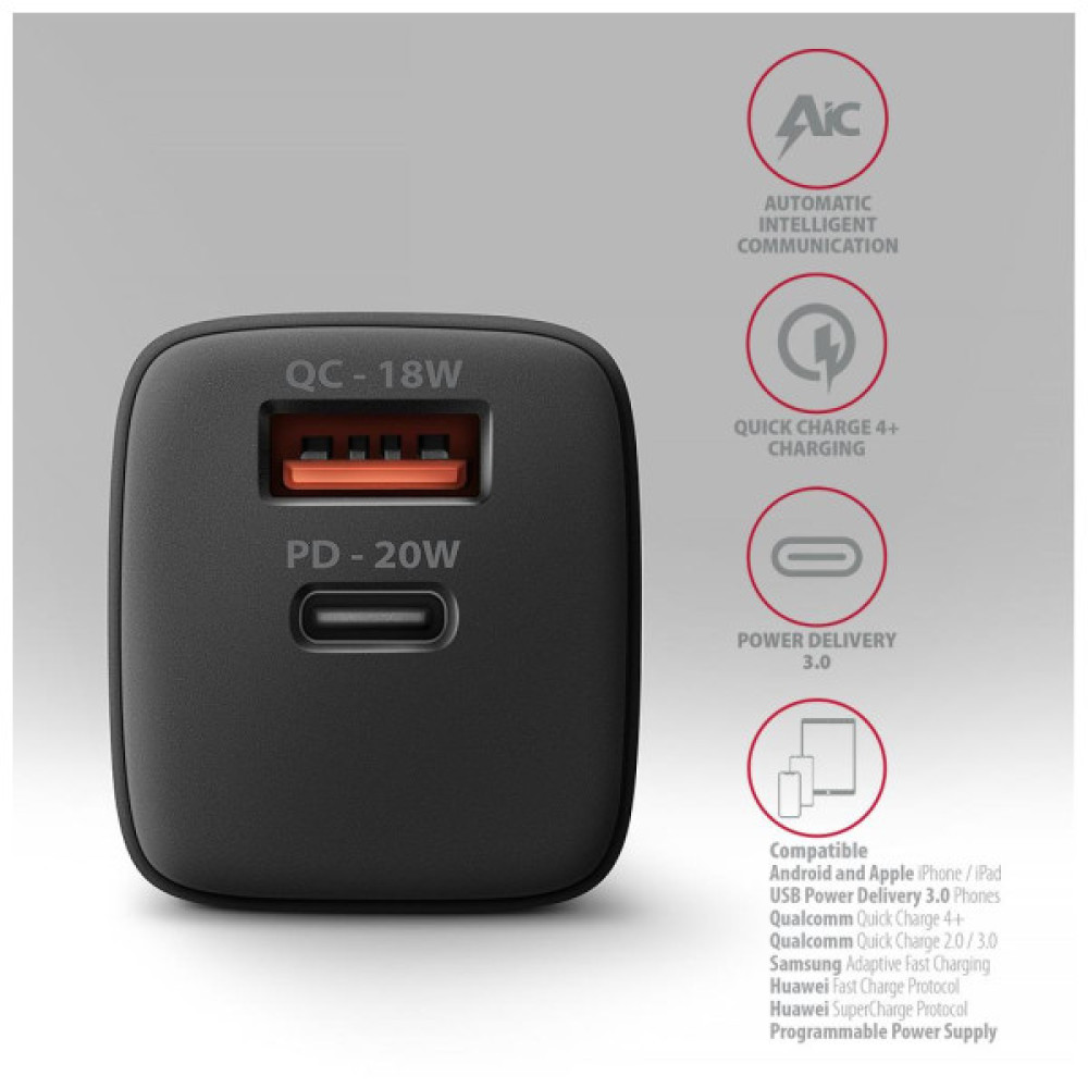 Зарядний пристрій AXAGON 1xUSB QC3.0 + 1xUSB-C PD20W black (ACU-PQ20)