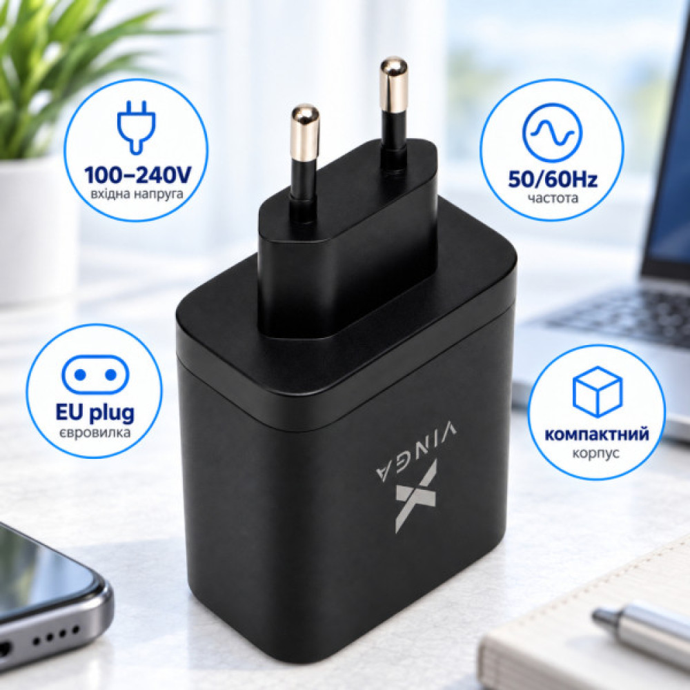 Зарядний пристрій Vinga 2xUSB-C + USB-A Display 65W (VCR65ACCDB)