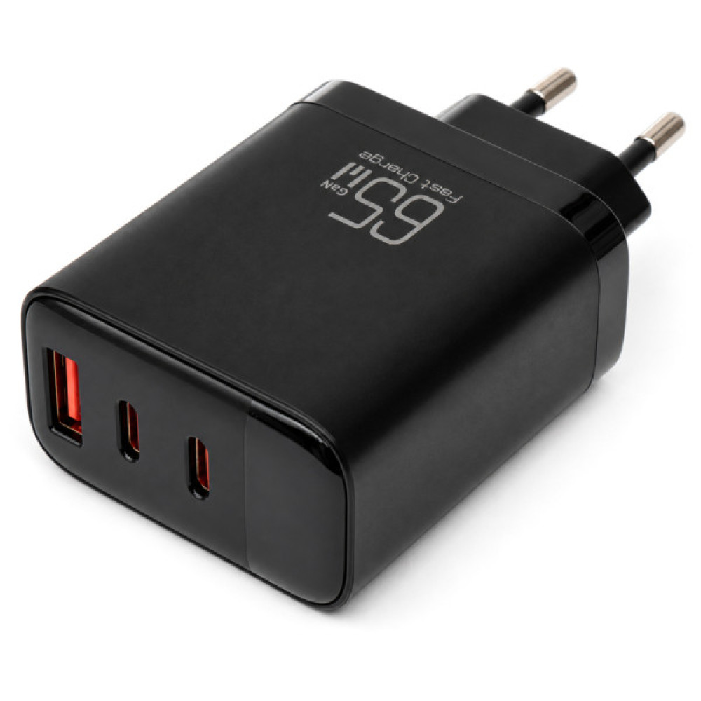 Зарядний пристрій Vinga 2xUSB-C + USB-A Display 65W (VCR65ACCDB)