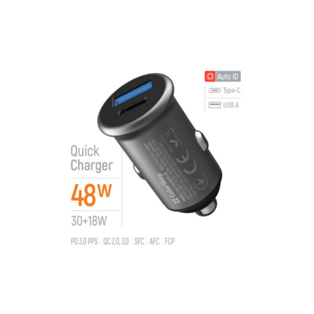 Зарядний пристрій ColorWay USB-C PD30W + USB QC3.0 car adapter (CW-CHA065PD-GR)