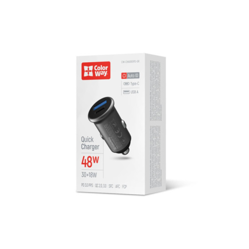 Зарядний пристрій ColorWay USB-C PD30W + USB QC3.0 car adapter (CW-CHA065PD-GR)