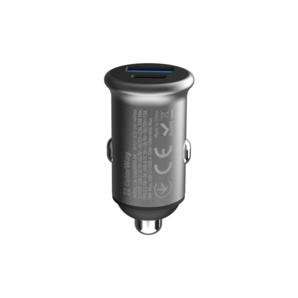 Зарядний пристрій ColorWay USB-C PD30W + USB QC3.0 car adapter (CW-CHA065PD-GR)