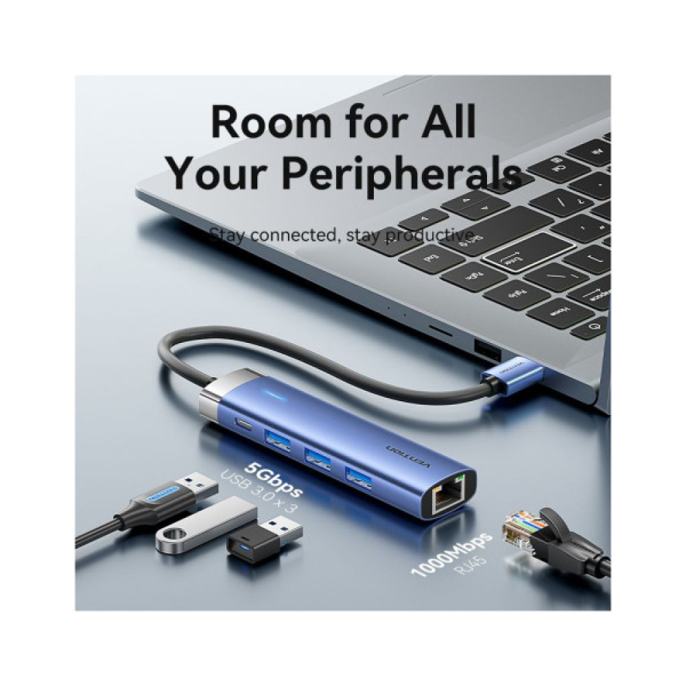 Концентратор VENTION USB 3.0 to USB 3.0x3/RJ45/Type-C Hub Blue Aluminum Alloy 5-in-1 (TGFSB)