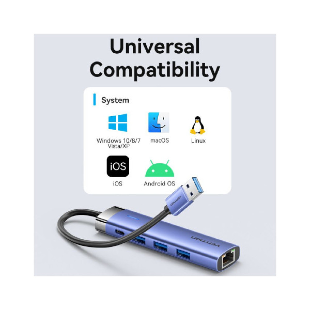 Концентратор VENTION USB 3.0 to USB 3.0x3/RJ45/Type-C Hub Blue Aluminum Alloy 5-in-1 (TGFSB)
