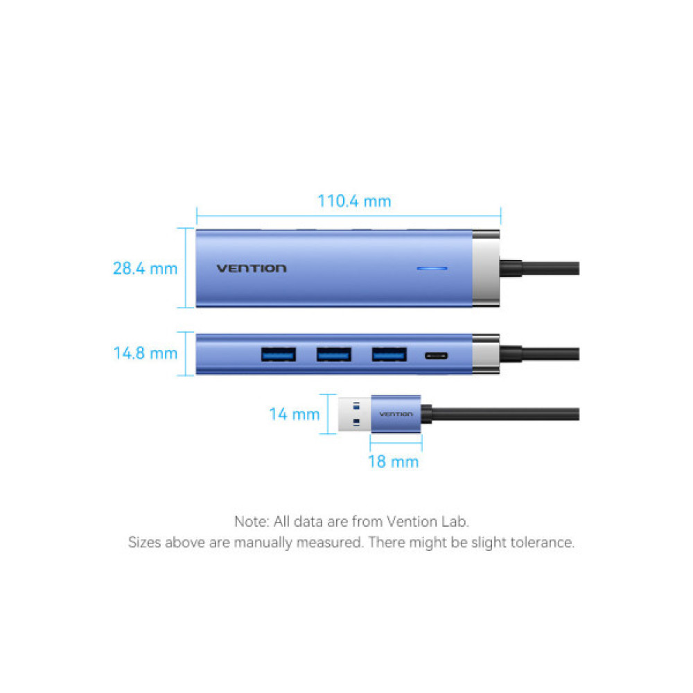 Концентратор VENTION USB 3.0 to USB 3.0x3/RJ45/Type-C Hub Blue Aluminum Alloy 5-in-1 (TGFSB)