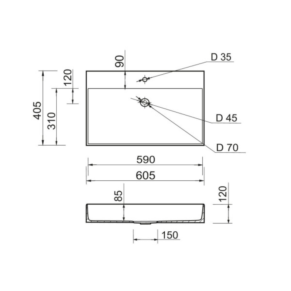 Раковина, умивальник Adamant SLENDER, штучний камінь, прямокут., з отвором для змішувача, без переливу, 605x405x120мм, накладний, білий
