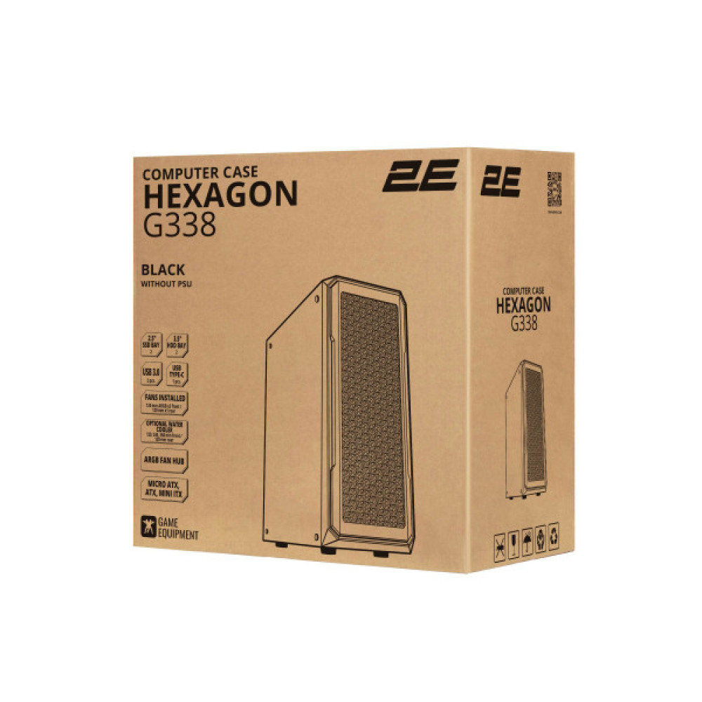 Корпус 2E GAMING Hexagon G338 без БЖ 2xUSB3.0, 1xUSBType-C, 3x120мм ARGB, 1x120мм, VGA 330мм, LCS ready, HUB, TG Side Panel, ATX, чорний