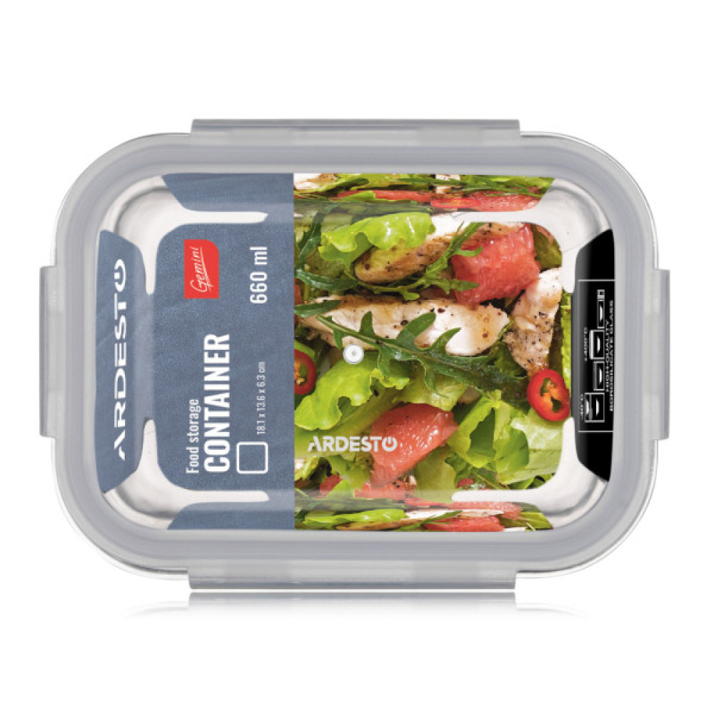 Харчовий контейнер Ardesto Gemini прямокутний, 0.66л, боросилікатне скло, прозорий (AR1260BRC)
