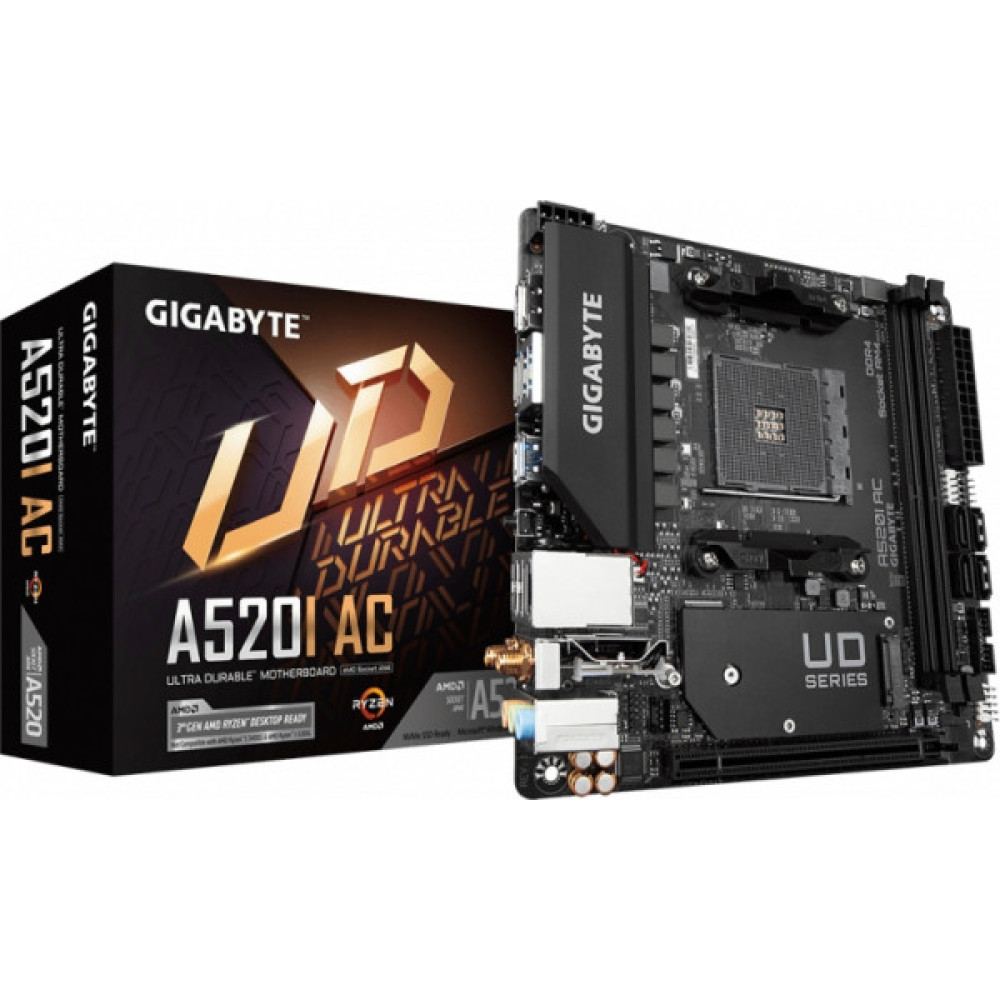 Материнська плата GIGABYTE A520I AC sAM4 A520 2xDDR4 M.2 HDMI DP Wi-Fi BT mITX