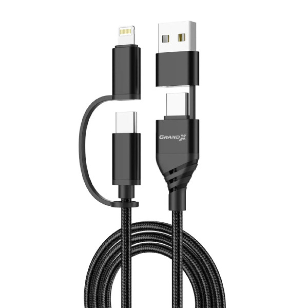 Дата кабель USB-C + USB-A to Lightning + Micro 5P + USB-C 1.0m 2.4-3A black Grand-X (PX-41B)