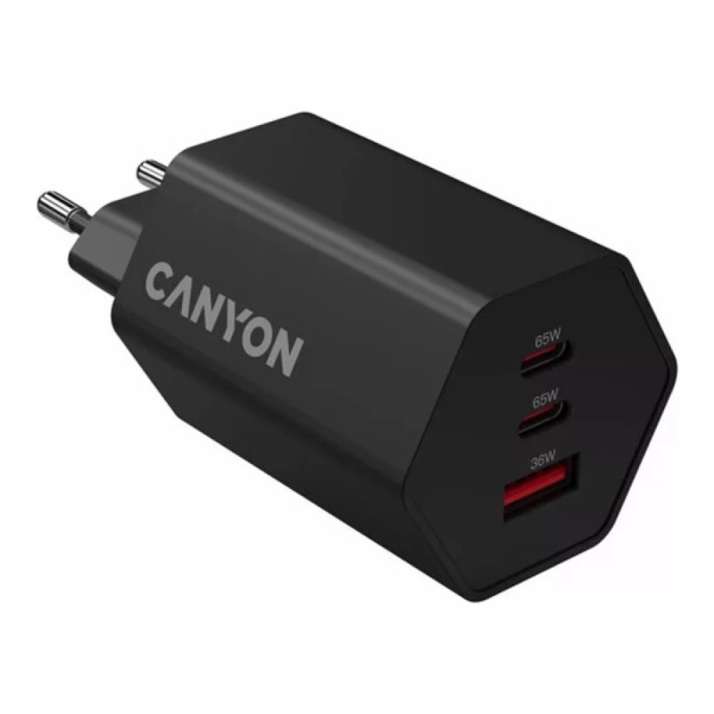 Зарядний пристрій Canyon HEXAGON 65 GaN 65W 2xPD 1xQC EU Black (CND-CHAHEX65B)