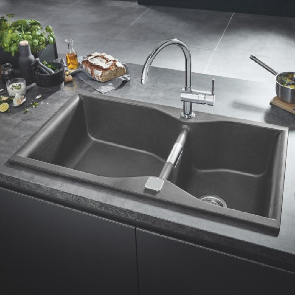 Мийка кухонна Grohe K700, граніт, прямокут., без крила, 900x500x230мм, чаша - 2, врізна, сірий граніт