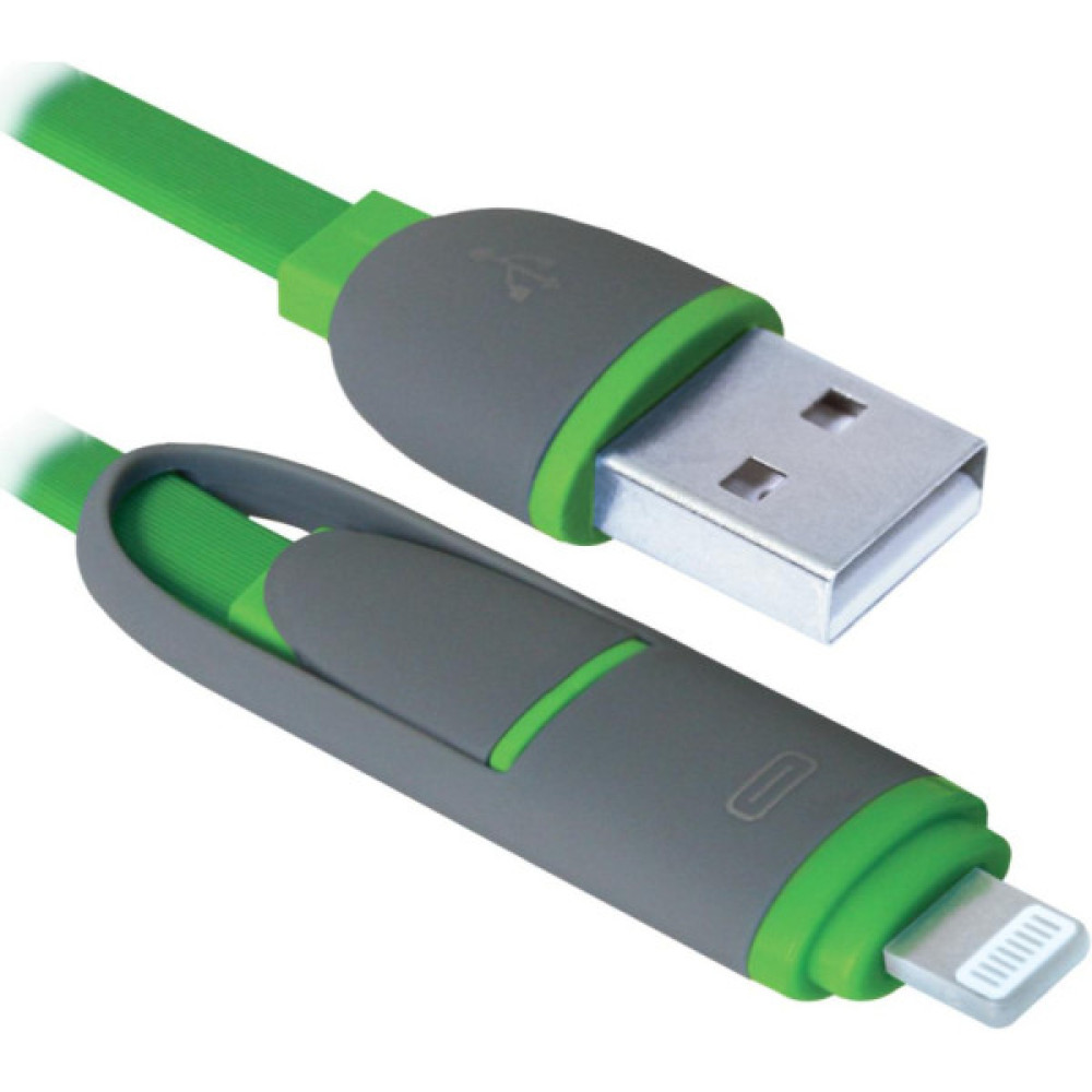 Дата кабель USB 2.0 AM to Lightning + Micro 5P 1.0m green Defender (87489)