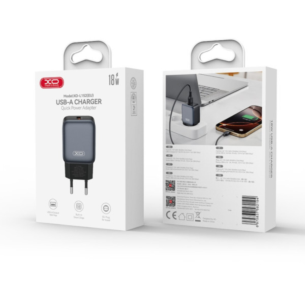 Зарядний пристрій XO USB QC3.0 18W black (L152_Black)