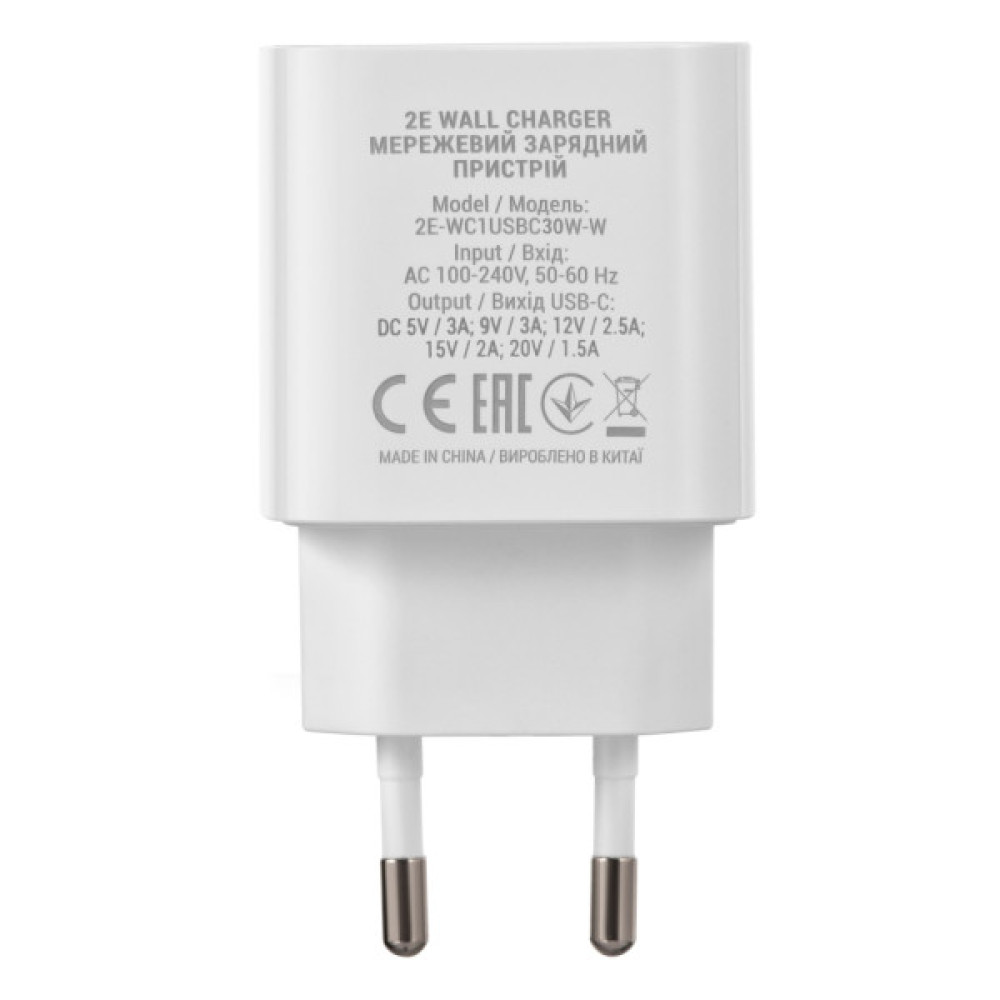 Зарядний пристрій 2E 30W USB-C PD white (2E-WC1USBC30W-W)
