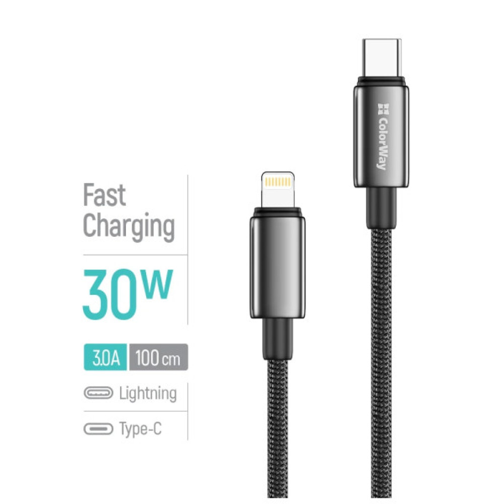 Дата кабель USB-C to Lightning 1.0m PD30W zinc alloy braided black ColorWay (CW-CBPDCL098-BK)