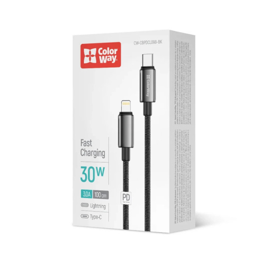Дата кабель USB-C to Lightning 1.0m PD30W zinc alloy braided black ColorWay (CW-CBPDCL098-BK)