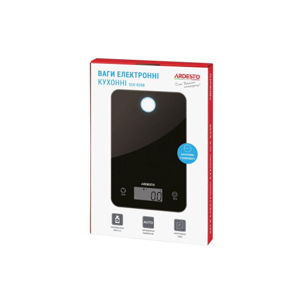 Ваги ARDESTO кухонні, 5кг, CR2032x2 в комплекті, скло, чорний
