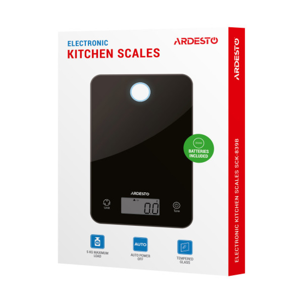 Ваги ARDESTO кухонні, 5кг, CR2032x2 в комплекті, скло, чорний