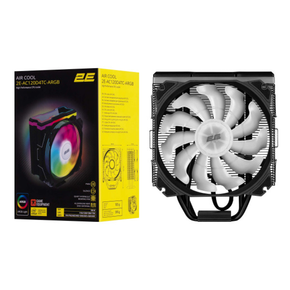 Процесорний кулер 2E GAMING Air Cool AC120D4TC-ARGB, LGA1851, 1700, 1366, 1200, 115x, AM5, AM4, AM3, AM3+, AM2, AM2+, FM2, FM1, 4pin PWM, 3pin +5VARGB, TDP 180W