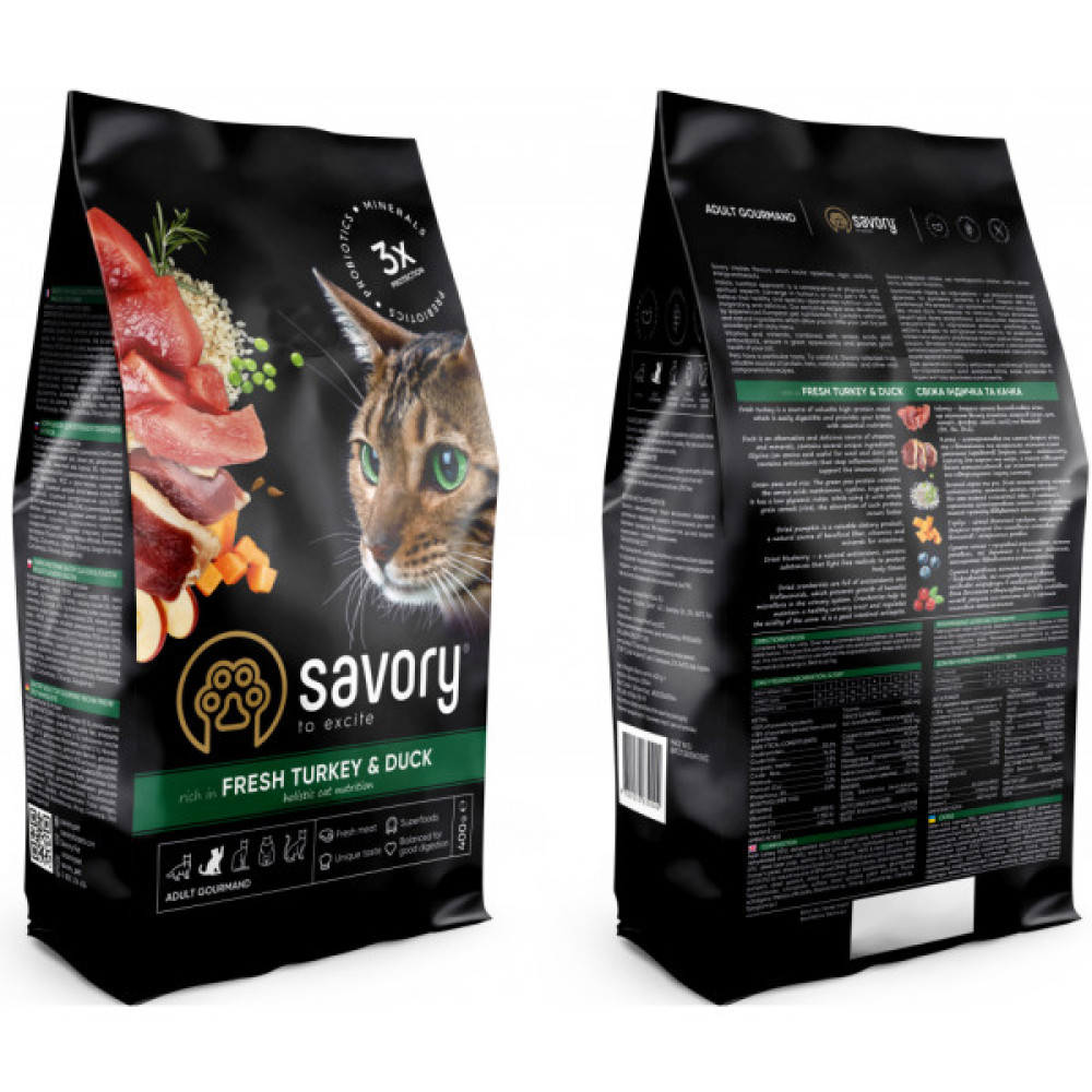 Сухий корм для кішок Savory Adult Cat Gourmand Fresh Turkey and Duck 400 г (4820232630044)