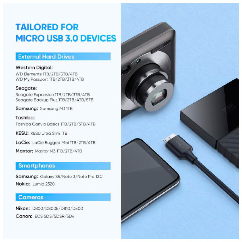 Дата кабель USB-C 3.1 to Micro USB 3.0 1.0m 3A US312 black Ugreen (20103)