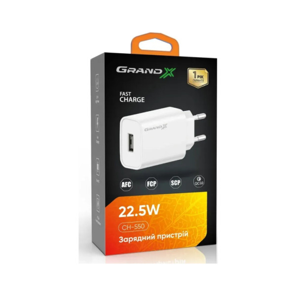 Зарядний пристрій Grand-X Quick Charge QС3.0, + cable USB -> Type C 1m white (CH-550WT)