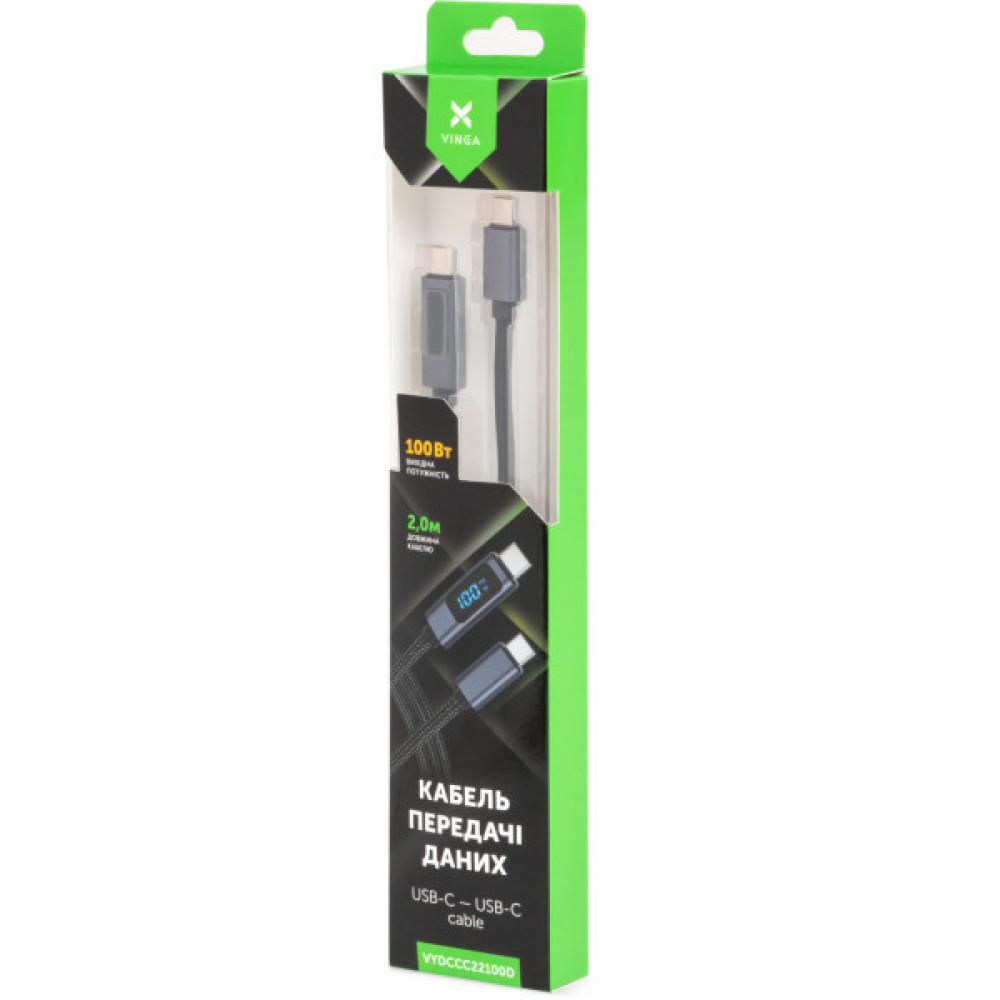 Дата кабель USB-C to USB-C 2.0m 100W LCD Display Nylon Black Vinga (VYDCCC22100D)