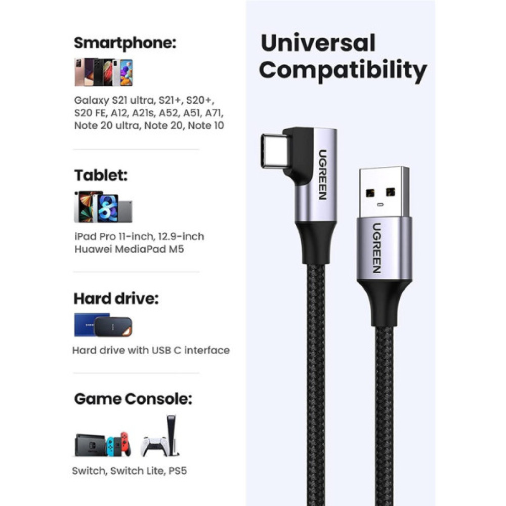 Дата кабель USB 3.0 AM to USB-C 1.0m 60W US385 90° Black Ugreen (20299)