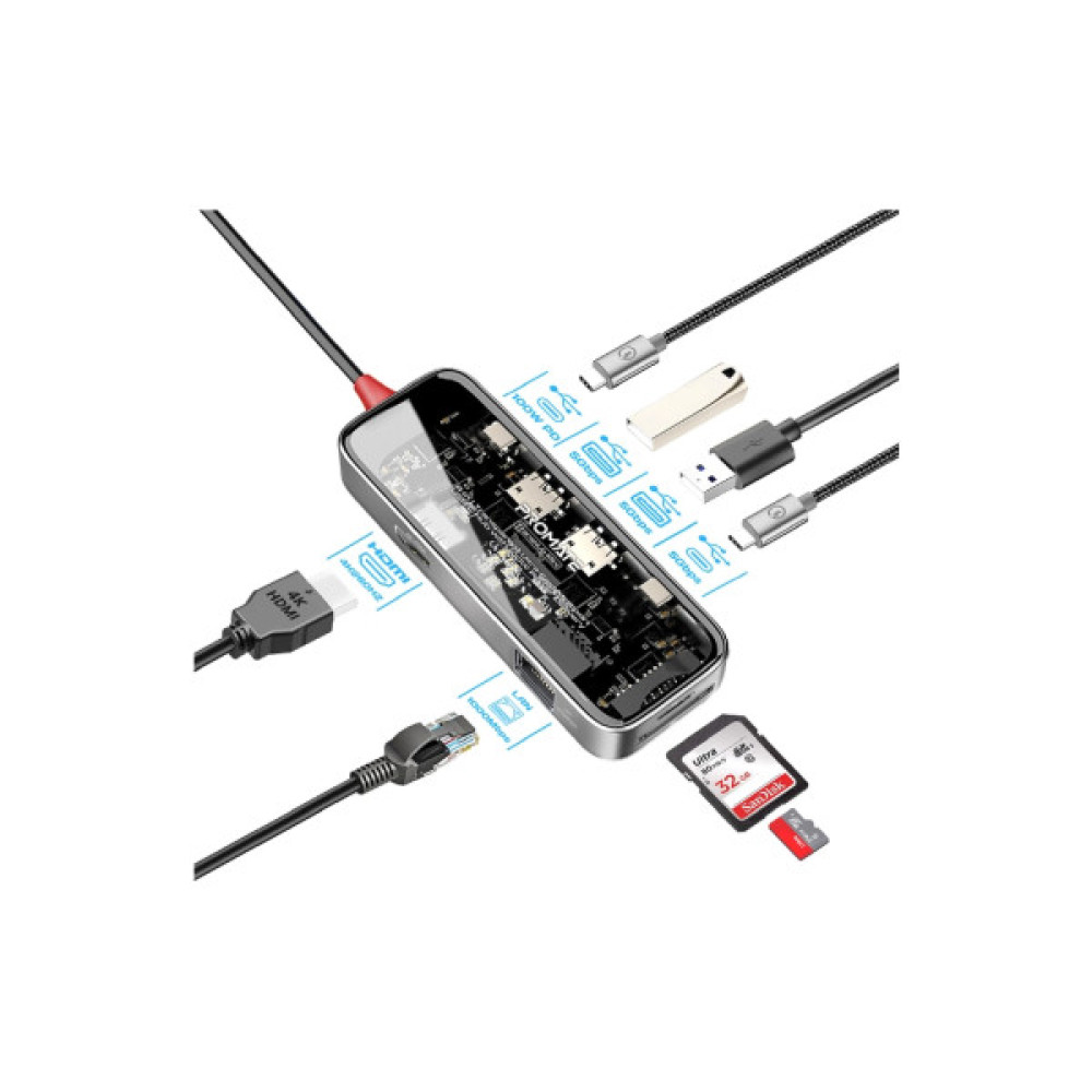 Концентратор Promate USB-C 8-in-1 USB-C PD100W + HDMI 4K60Hz + USBC + 2xUSB 3.0 + RJ45 1000Mbps + SD/MicroSD grey (transhub-mini)