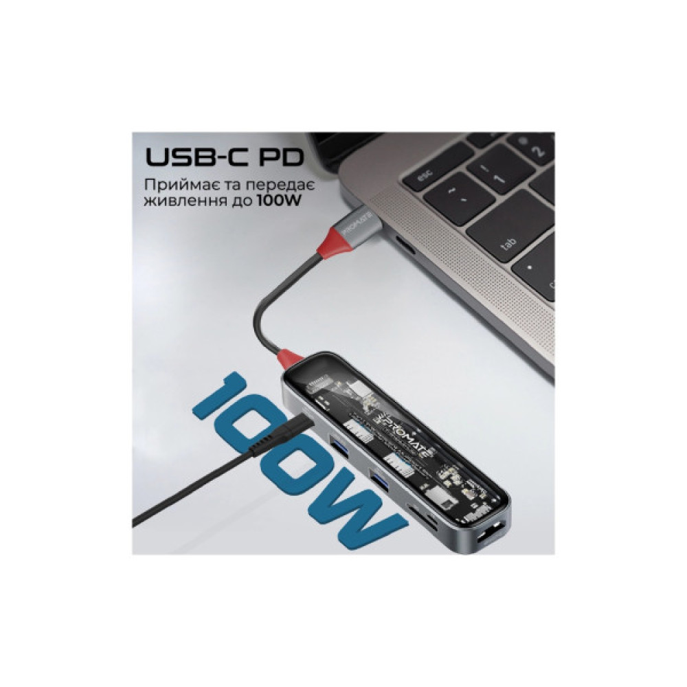 Концентратор Promate USB-C 8-in-1 USB-C PD100W + HDMI 4K60Hz + USBC + 2xUSB 3.0 + RJ45 1000Mbps + SD/MicroSD grey (transhub-mini)