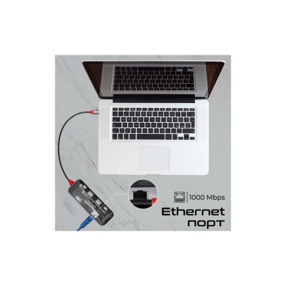 Концентратор Promate USB-C 8-in-1 USB-C PD100W + HDMI 4K60Hz + USBC + 2xUSB 3.0 + RJ45 1000Mbps + SD/MicroSD grey (transhub-mini)