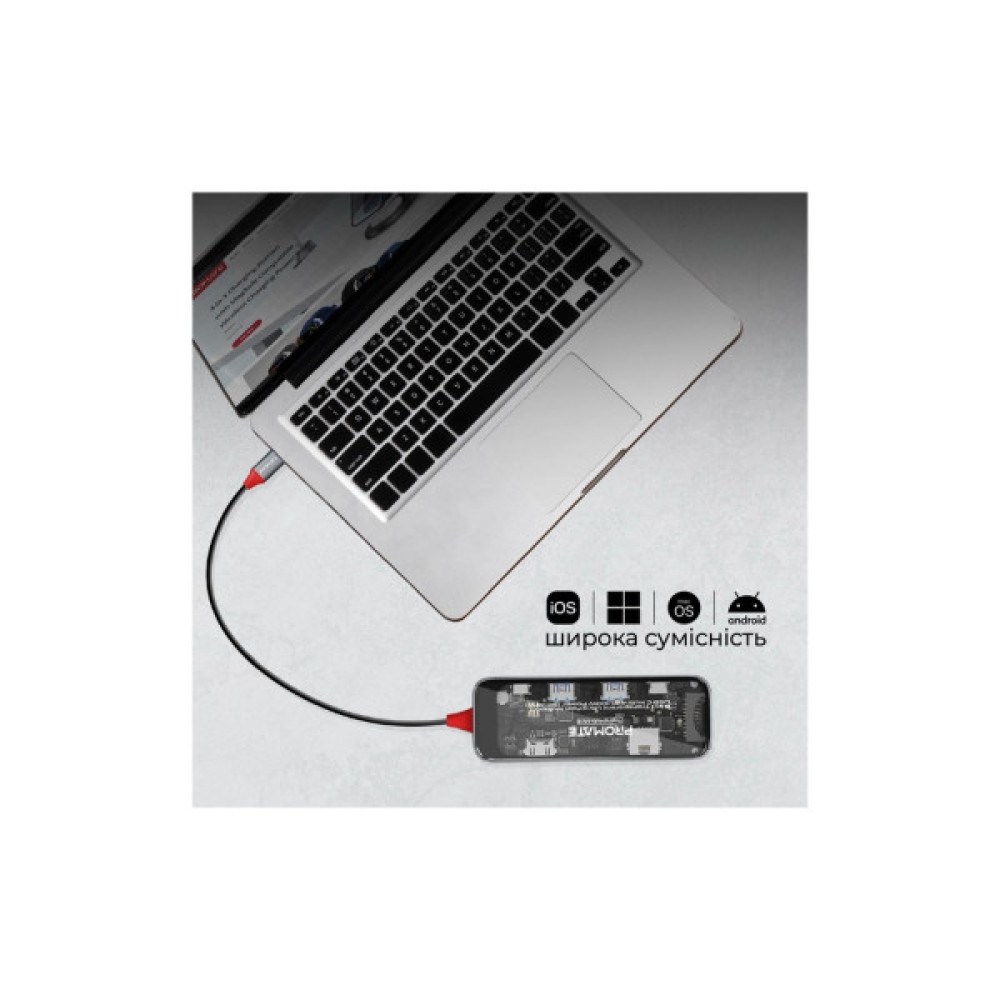 Концентратор Promate USB-C 8-in-1 USB-C PD100W + HDMI 4K60Hz + USBC + 2xUSB 3.0 + RJ45 1000Mbps + SD/MicroSD grey (transhub-mini)