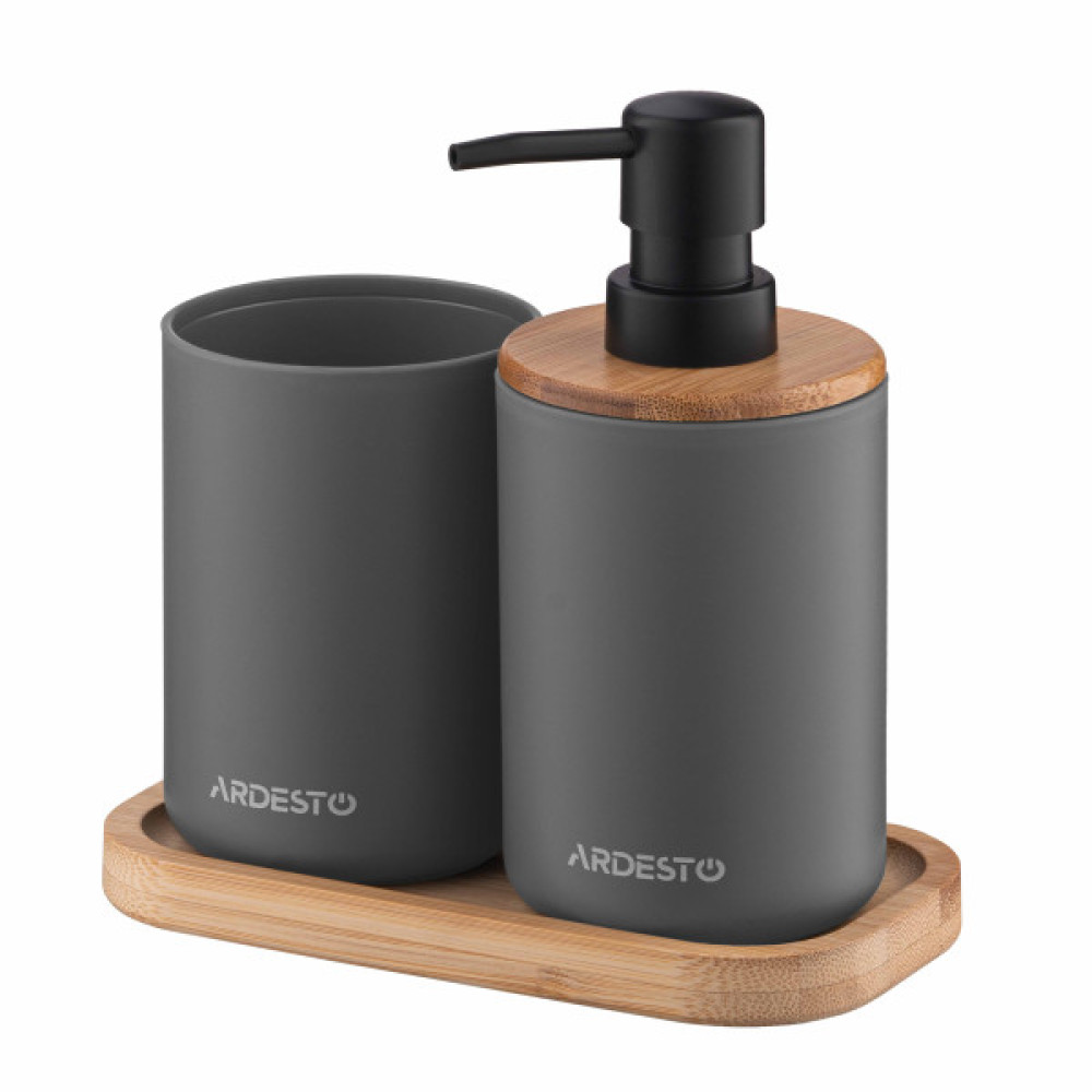 Набір для ванної кмінати Ardesto Minimalism 360мл, 3 предмети, поліпропілен, бамбук, сірий темний