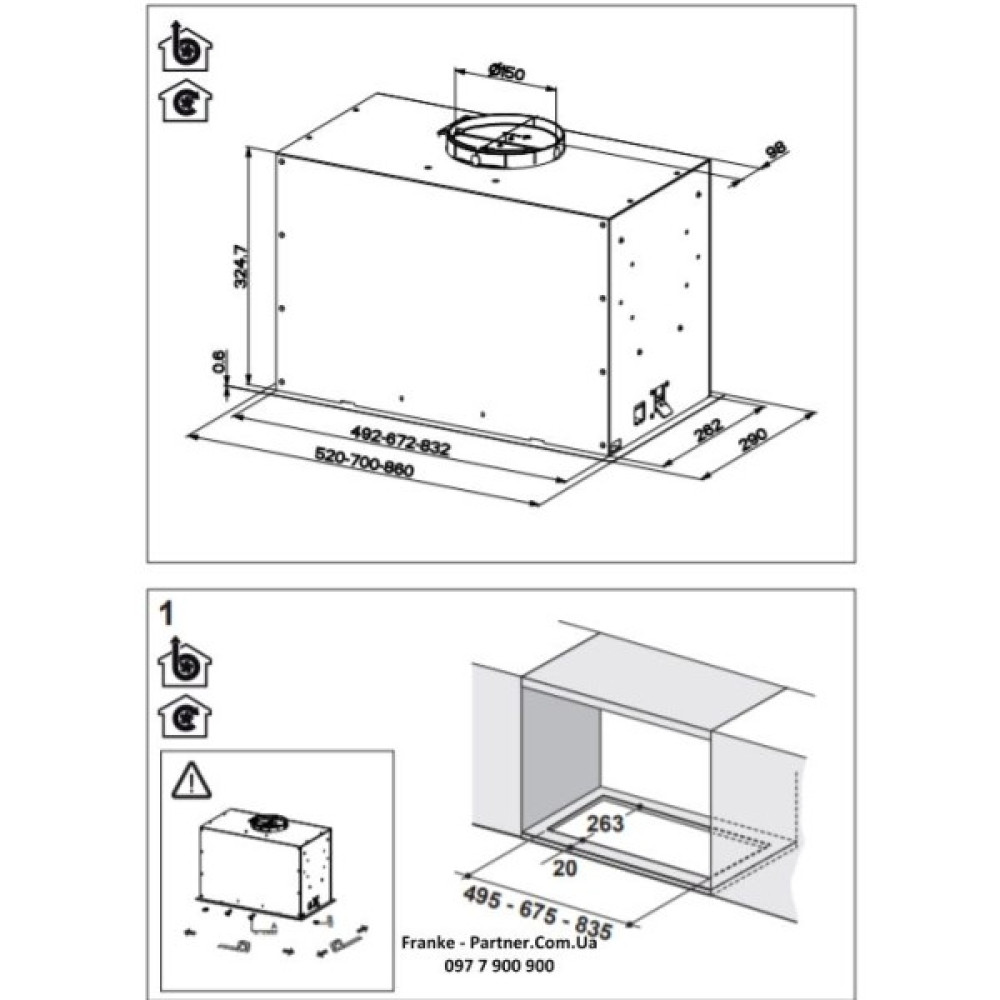 Витяжка Franke вбудовувана 70см, 1120м.куб/год, Box Flush Evo FBFE XS A70, нерж