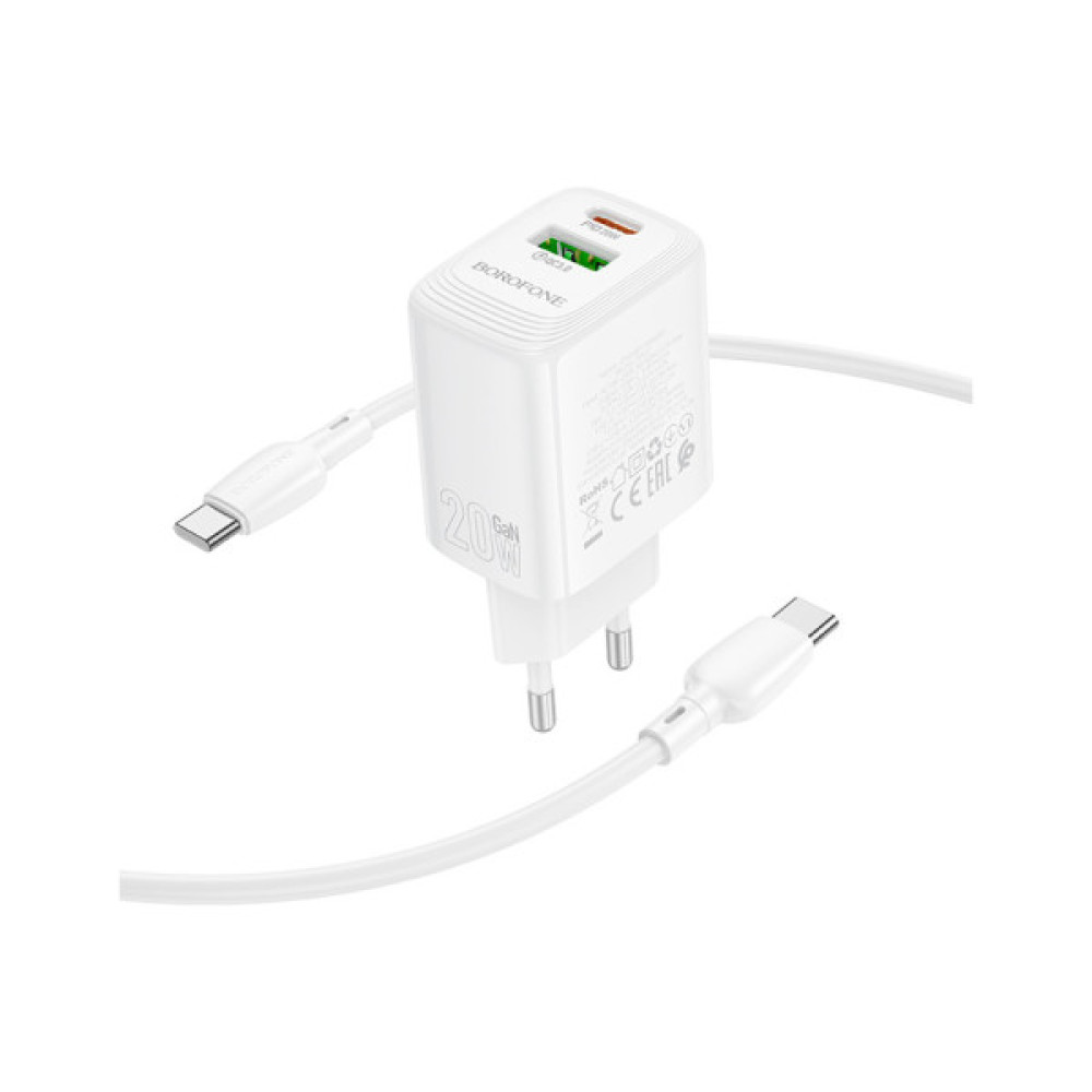 Зарядний пристрій BOROFONE BN27 Fuente 1xUSB-C PD20W + 1xUSB QC3.0 + cable USB-C to USB-C White (6941991120282)