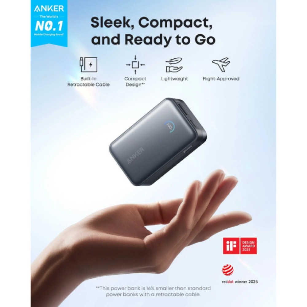 Батарея універсальна Anker 10000mAh Nano 45W Built-In USB-C Cable Black (A1638H11)