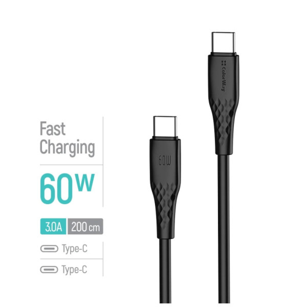 Дата кабель USB-C to USB-C 2.0m 3A 60W textured PVC black ColorWay (CW-CBPDCC095-BK)