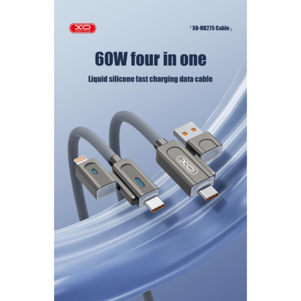 Дата кабель USB 2.0 AM to USB-C + USB 2.0 AM to Lightning 1.0m 60W gray XO (NB275_4-in-1_Gray) Дата кабель USB 2.0 AM to USB-C + USB 2.0 AM to Lightning 1.0m 60W gray XO (NB275_4-in-1_Gray)