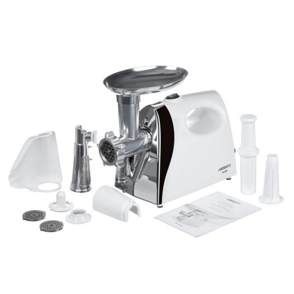 М'ясорубка ARDESTO, 1800Вт, 2кг/хв, 3 решітки, насадка для ковбас, кеббе, томатів, пластик, біло-сріблястий