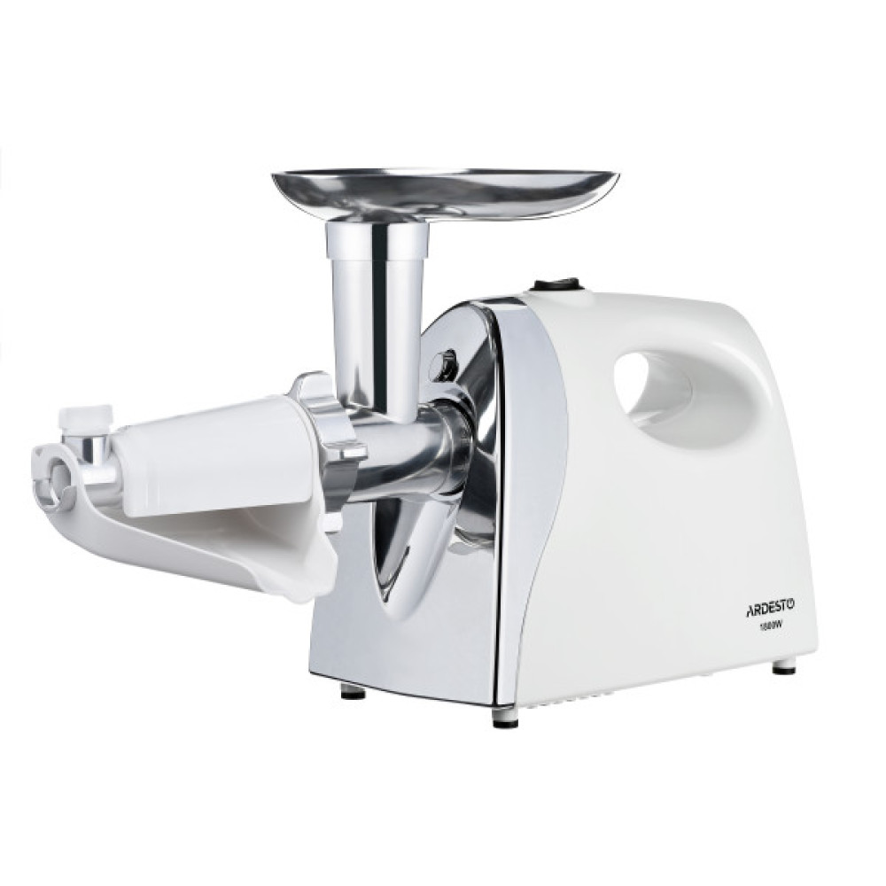 М'ясорубка ARDESTO, 1800Вт, 2кг/хв, 3 решітки, насадка для ковбас, кеббе, томатів, пластик, біло-сріблястий